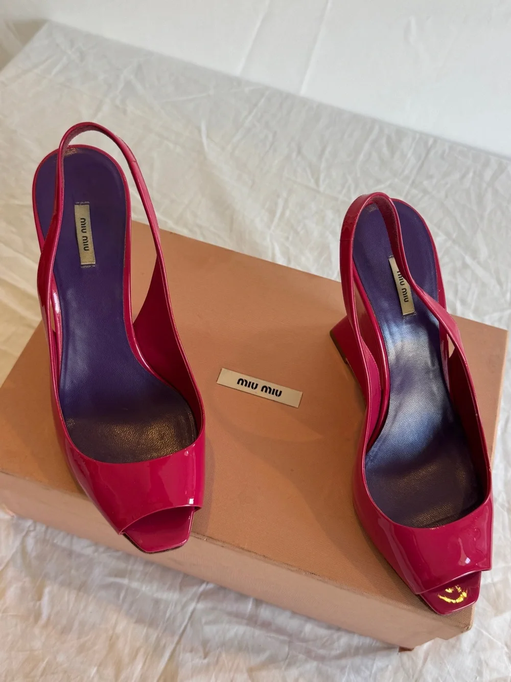 Miu Miu Hot Pink Patent Leather Slingback Wedges